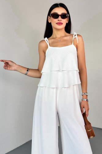 TKM-13323 Beyaz Ayarlanabilir Askılı Dökümlü Bluz & Bel Lastikli Salaş Pantolon Koton İkili Takım - 10