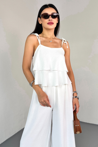 TKM-13323 Beyaz Ayarlanabilir Askılı Dökümlü Bluz & Bel Lastikli Salaş Pantolon Koton İkili Takım - Cappmoda (1)