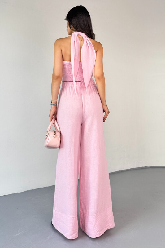 TKM-13324 Pembe Bağlamalı Arka Lastik Detaylı Büstiyer & Salaş Geniş Paça Pantolon İkili Takım - 4
