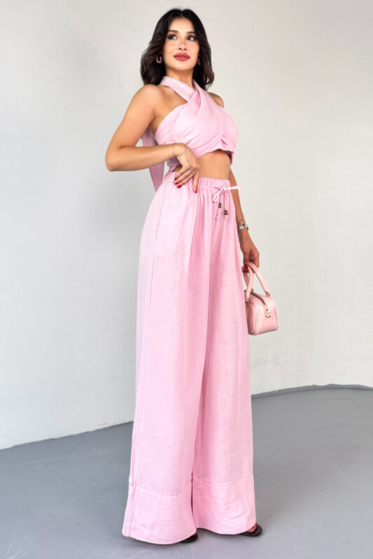 TKM-13324 Pembe Bağlamalı Arka Lastik Detaylı Büstiyer & Salaş Geniş Paça Pantolon İkili Takım - 5