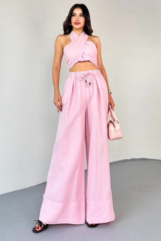 TKM-13324 Pembe Bağlamalı Arka Lastik Detaylı Büstiyer & Salaş Geniş Paça Pantolon İkili Takım - 6