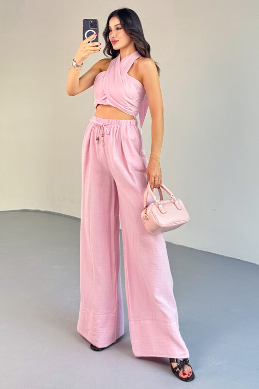TKM-13324 Pembe Bağlamalı Arka Lastik Detaylı Büstiyer & Salaş Geniş Paça Pantolon İkili Takım - 7