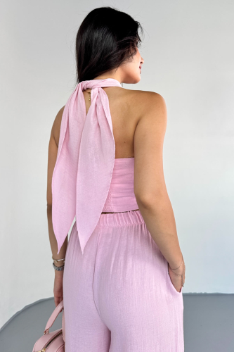 TKM-13324 Pembe Bağlamalı Arka Lastik Detaylı Büstiyer & Salaş Geniş Paça Pantolon İkili Takım - 3