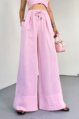 TKM-13324 Pembe Bağlamalı Arka Lastik Detaylı Büstiyer & Salaş Geniş Paça Pantolon İkili Takım - 8