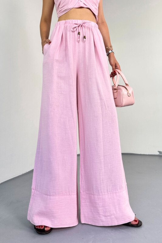 TKM-13324 Pembe Bağlamalı Arka Lastik Detaylı Büstiyer & Salaş Geniş Paça Pantolon İkili Takım - 8