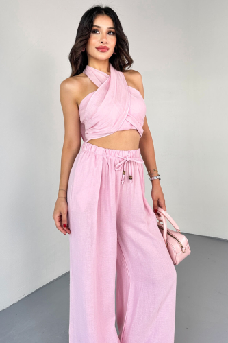 TKM-13324 Pembe Bağlamalı Arka Lastik Detaylı Büstiyer & Salaş Geniş Paça Pantolon İkili Takım - 2