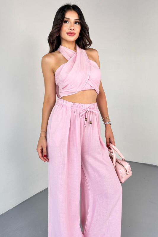 TKM-13324 Pembe Bağlamalı Arka Lastik Detaylı Büstiyer & Salaş Geniş Paça Pantolon İkili Takım - 2