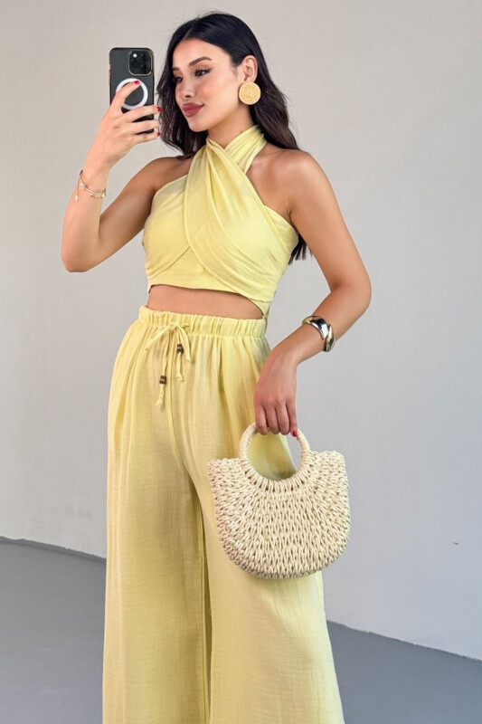 TKM-13324 Sarı Bağlamalı Arka Lastik Detaylı Büstiyer & Salaş Geniş Paça Pantolon İkili Takım - 4
