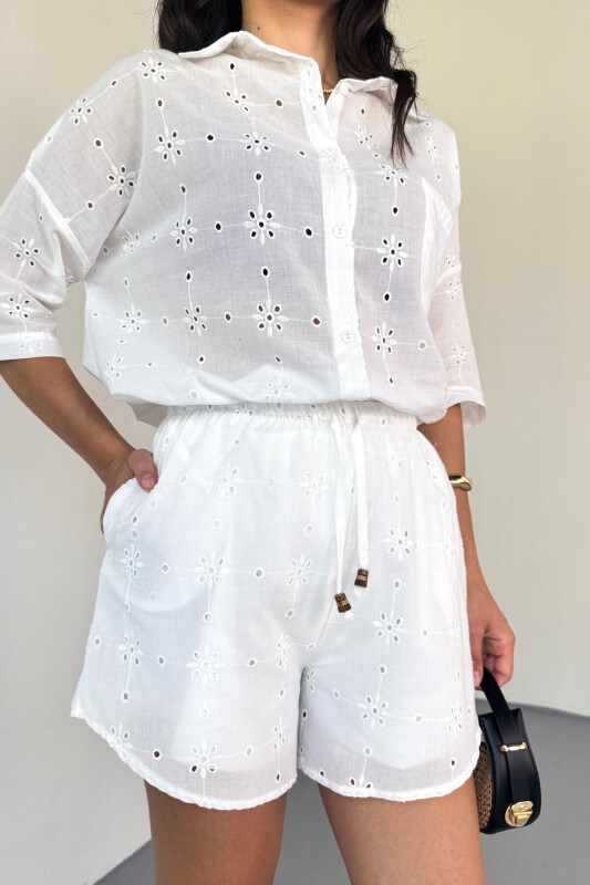 TKM-13325 Beyaz Fisto İşlemeli Yazlık Gömlek & Astarlı Bağlamalı Şort İkili Takım - 2