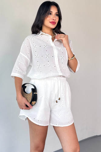 TKM-13325 Beyaz Fisto İşlemeli Yazlık Gömlek & Astarlı Bağlamalı Şort İkili Takım - 4