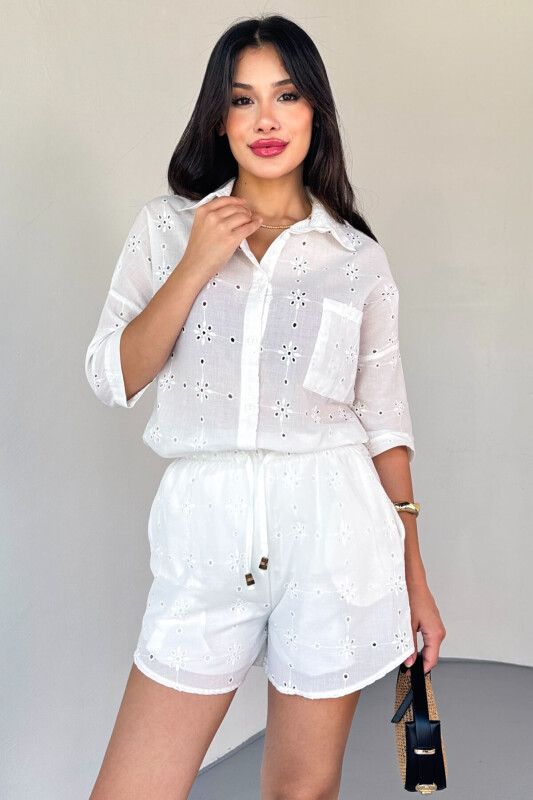 TKM-13325 Beyaz Fisto İşlemeli Yazlık Gömlek & Astarlı Bağlamalı Şort İkili Takım - 1