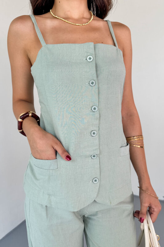 TKM-13327 Mint Yeşili Düğme Detaylı Cepli Crop Bluz & Yüksek Bel Pantolon Keten Takım - 3