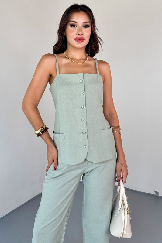 TKM-13327 Mint Yeşili Düğme Detaylı Cepli Crop Bluz & Yüksek Bel Pantolon Keten Takım - 2