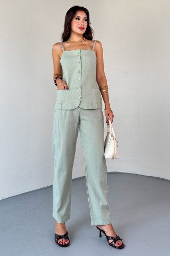 TKM-13327 Mint Yeşili Düğme Detaylı Cepli Crop Bluz & Yüksek Bel Pantolon Keten Takım 