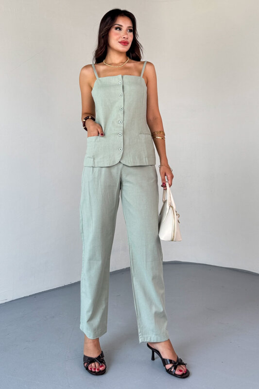 TKM-13327 Mint Yeşili Düğme Detaylı Cepli Crop Bluz & Yüksek Bel Pantolon Keten Takım - 1