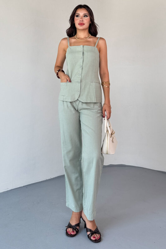 TKM-13327 Mint Yeşili Düğme Detaylı Cepli Crop Bluz & Yüksek Bel Pantolon Keten Takım - 5