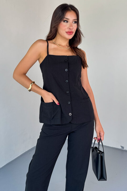 TKM-13327 Siyah Düğme Detaylı Cepli Crop Bluz & Yüksek Bel Pantolon Keten Takım - 2