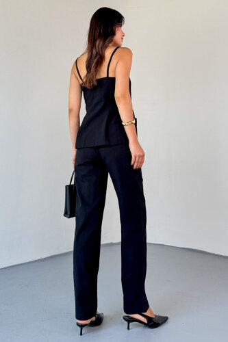 TKM-13327 Siyah Düğme Detaylı Cepli Crop Bluz & Yüksek Bel Pantolon Keten Takım - 3