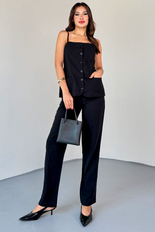 TKM-13327 Siyah Düğme Detaylı Cepli Crop Bluz & Yüksek Bel Pantolon Keten Takım - 4