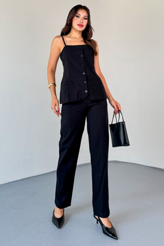 TKM-13327 Siyah Düğme Detaylı Cepli Crop Bluz & Yüksek Bel Pantolon Keten Takım - 5