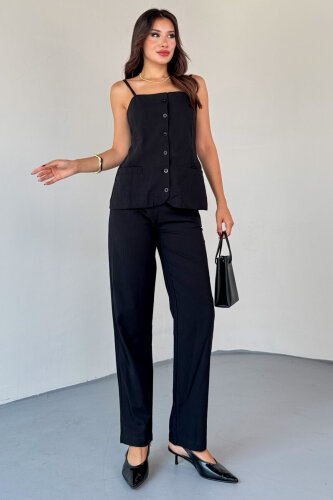 TKM-13327 Siyah Düğme Detaylı Cepli Crop Bluz & Yüksek Bel Pantolon Keten Takım - 6