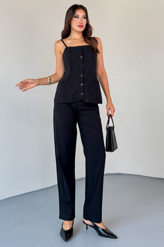 TKM-13327 Siyah Düğme Detaylı Cepli Crop Bluz & Yüksek Bel Pantolon Keten Takım - 6