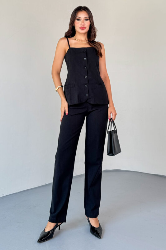 TKM-13327 Siyah Düğme Detaylı Cepli Crop Bluz & Yüksek Bel Pantolon Keten Takım - 7