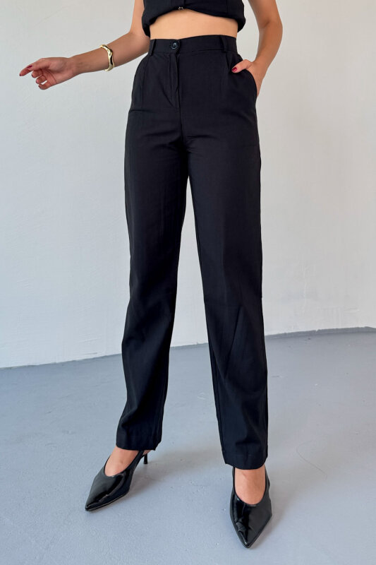 TKM-13327 Siyah Düğme Detaylı Cepli Crop Bluz & Yüksek Bel Pantolon Keten Takım - 8