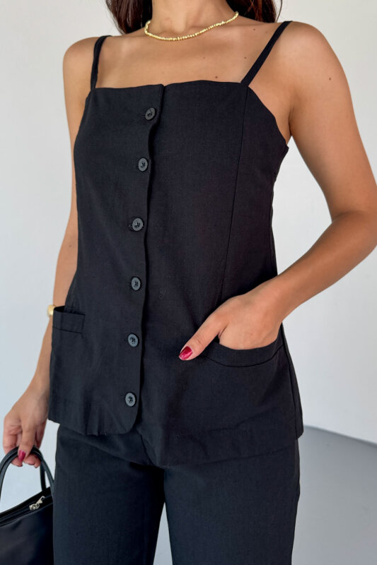 TKM-13327 Siyah Düğme Detaylı Cepli Crop Bluz & Yüksek Bel Pantolon Keten Takım - 9