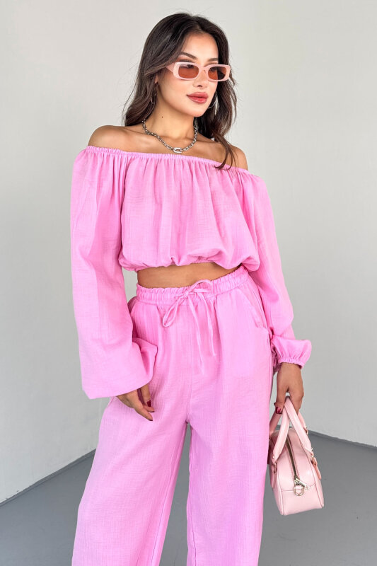 TKM-13328 Pembe Kayık Yaka Bluz & Yüksek Bel Bol Paça Pantolon Takım - 3