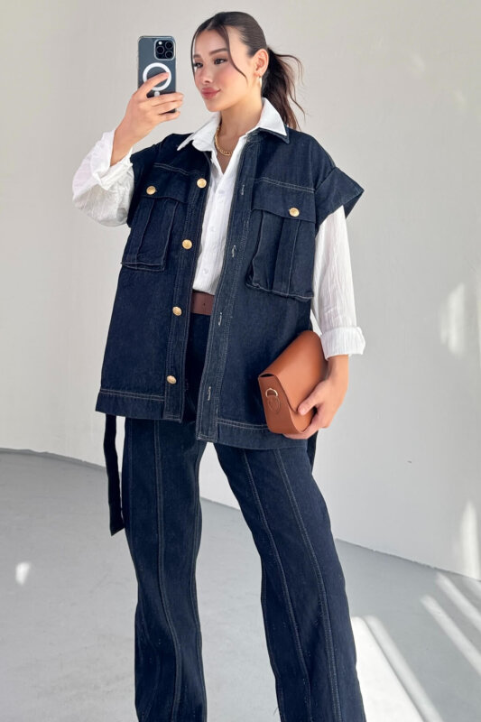 TKM-13329 Lacivert Kemerli Dikişli Geniş Paça Denim Pantolon & Cep Detaylı Kolsuz Gömlek Takım - 3