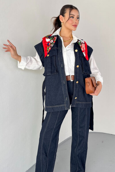 TKM-13329 Lacivert Kemerli Dikişli Geniş Paça Denim Pantolon & Cep Detaylı Kolsuz Gömlek Takım - 4