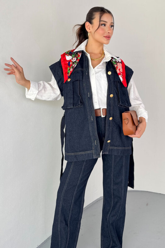 TKM-13329 Lacivert Kemerli Dikişli Geniş Paça Denim Pantolon & Cep Detaylı Kolsuz Gömlek Takım - 4