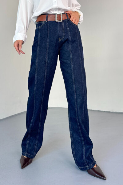 TKM-13329 Lacivert Kemerli Dikişli Geniş Paça Denim Pantolon & Cep Detaylı Kolsuz Gömlek Takım - 5