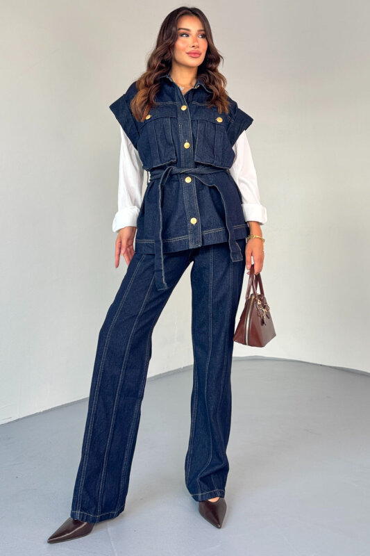 TKM-13329 Lacivert Kemerli Dikişli Geniş Paça Denim Pantolon & Cep Detaylı Kolsuz Gömlek Takım - 6