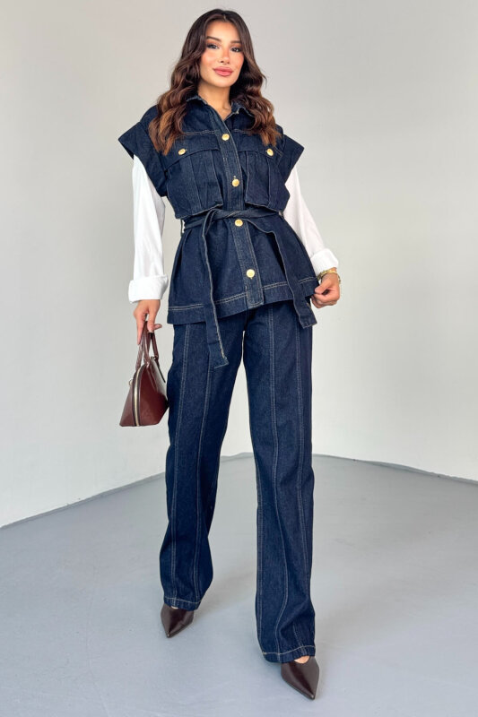 TKM-13329 Lacivert Kemerli Dikişli Geniş Paça Denim Pantolon & Cep Detaylı Kolsuz Gömlek Takım - 1