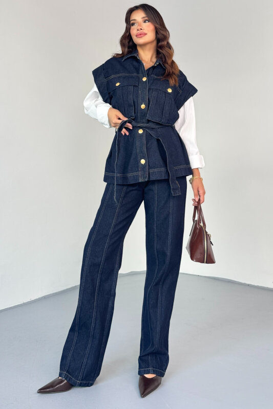 TKM-13329 Lacivert Kemerli Dikişli Geniş Paça Denim Pantolon & Cep Detaylı Kolsuz Gömlek Takım - 7