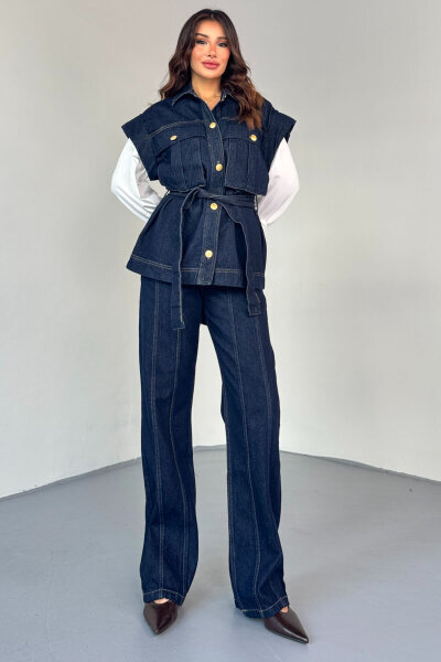 TKM-13329 Lacivert Kemerli Dikişli Geniş Paça Denim Pantolon & Cep Detaylı Kolsuz Gömlek Takım - 8