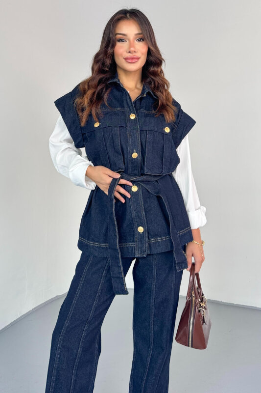 TKM-13329 Lacivert Kemerli Dikişli Geniş Paça Denim Pantolon & Cep Detaylı Kolsuz Gömlek Takım - 2