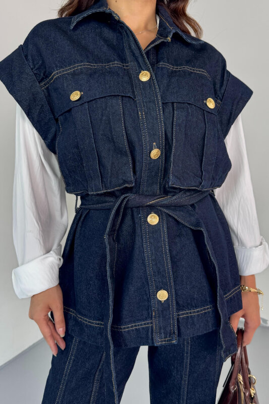 TKM-13329 Lacivert Kemerli Dikişli Geniş Paça Denim Pantolon & Cep Detaylı Kolsuz Gömlek Takım - 9