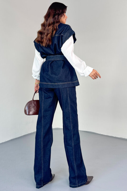 TKM-13329 Lacivert Kemerli Dikişli Geniş Paça Denim Pantolon & Cep Detaylı Kolsuz Gömlek Takım - 10