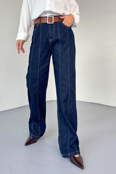 TKM-13329 Lacivert Kemerli Dikişli Geniş Paça Denim Pantolon & Cep Detaylı Kolsuz Gömlek Takım - 11
