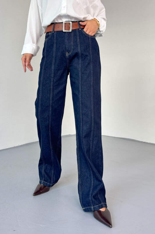 TKM-13329 Lacivert Kemerli Dikişli Geniş Paça Denim Pantolon & Cep Detaylı Kolsuz Gömlek Takım - 11
