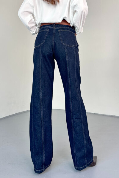 TKM-13329 Lacivert Kemerli Dikişli Geniş Paça Denim Pantolon & Cep Detaylı Kolsuz Gömlek Takım - 12