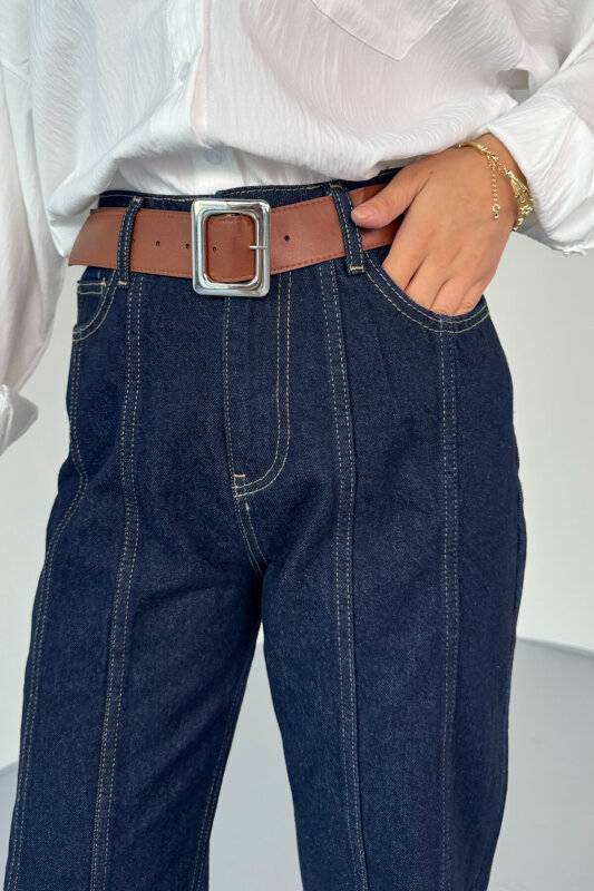 TKM-13329 Lacivert Kemerli Dikişli Geniş Paça Denim Pantolon & Cep Detaylı Kolsuz Gömlek Takım - 13