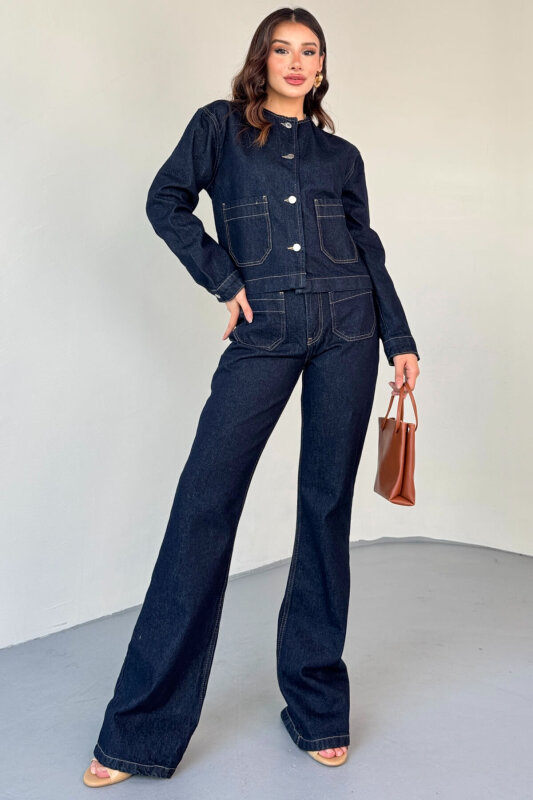TKM-13330 Lacivert Yuvarlak Yaka Cepli Denim Ceket & Yüksek Bel Düz Paça Pantolon Takım - 4