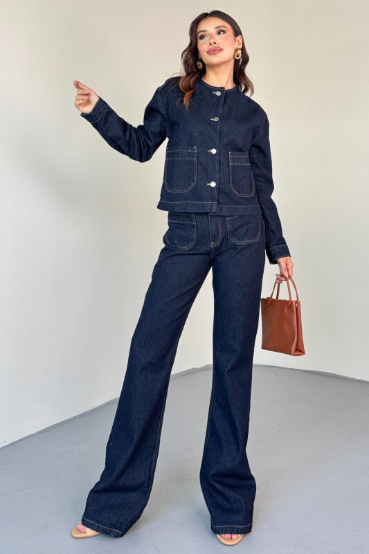 TKM-13330 Lacivert Yuvarlak Yaka Cepli Denim Ceket & Yüksek Bel Düz Paça Pantolon Takım - 5