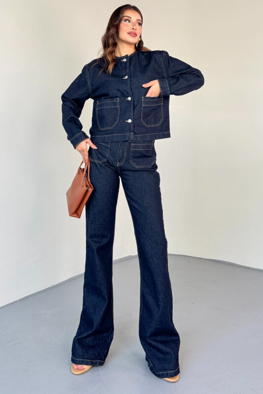TKM-13330 Lacivert Yuvarlak Yaka Cepli Denim Ceket & Yüksek Bel Düz Paça Pantolon Takım - 6