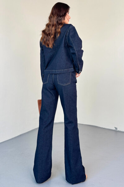 TKM-13330 Lacivert Yuvarlak Yaka Cepli Denim Ceket & Yüksek Bel Düz Paça Pantolon Takım - 7
