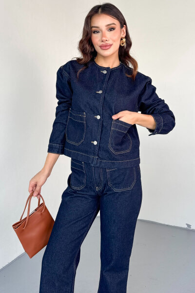 TKM-13330 Lacivert Yuvarlak Yaka Cepli Denim Ceket & Yüksek Bel Düz Paça Pantolon Takım - 2